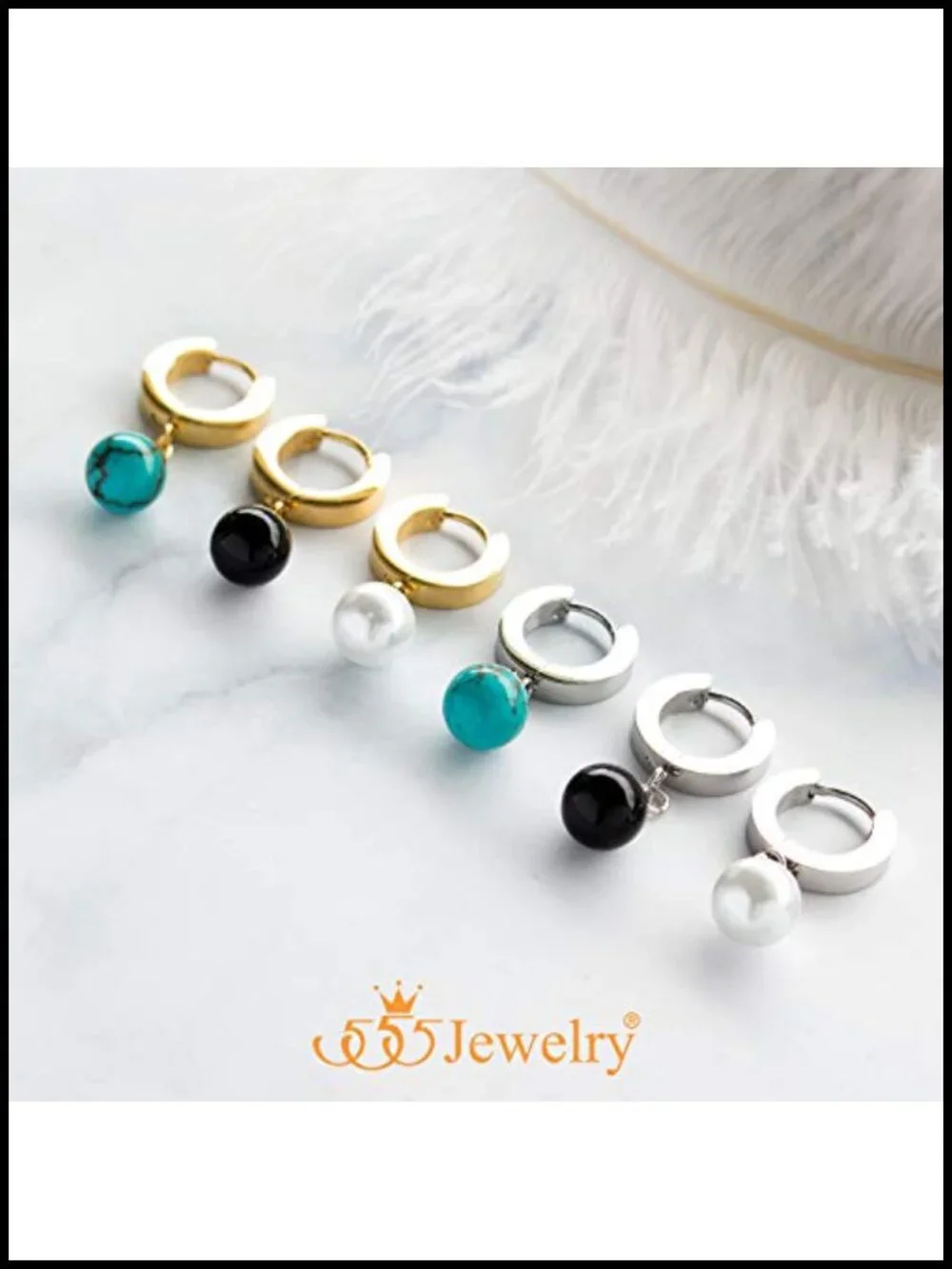 Stainless Steel Huggie Dangle Pearl Onyx Turquoise Earrings for Women